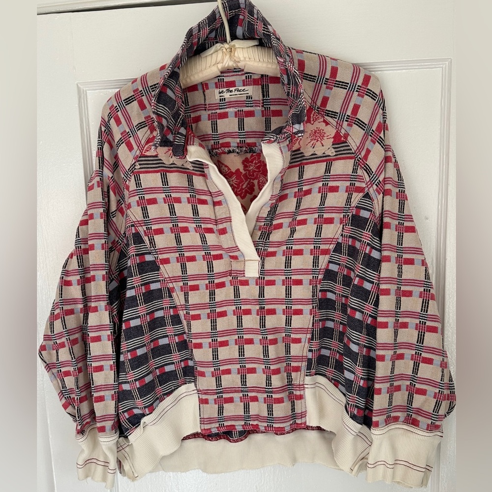 Free People Collared Polo Pullover mixed Check red and white knit sweaater